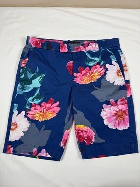Banana Republic Blue Floral Flat-Front Shorts with Pink & Teal Blooms(164)
